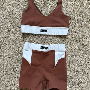 Five Brown and White Sports Bra and Shorts Set
